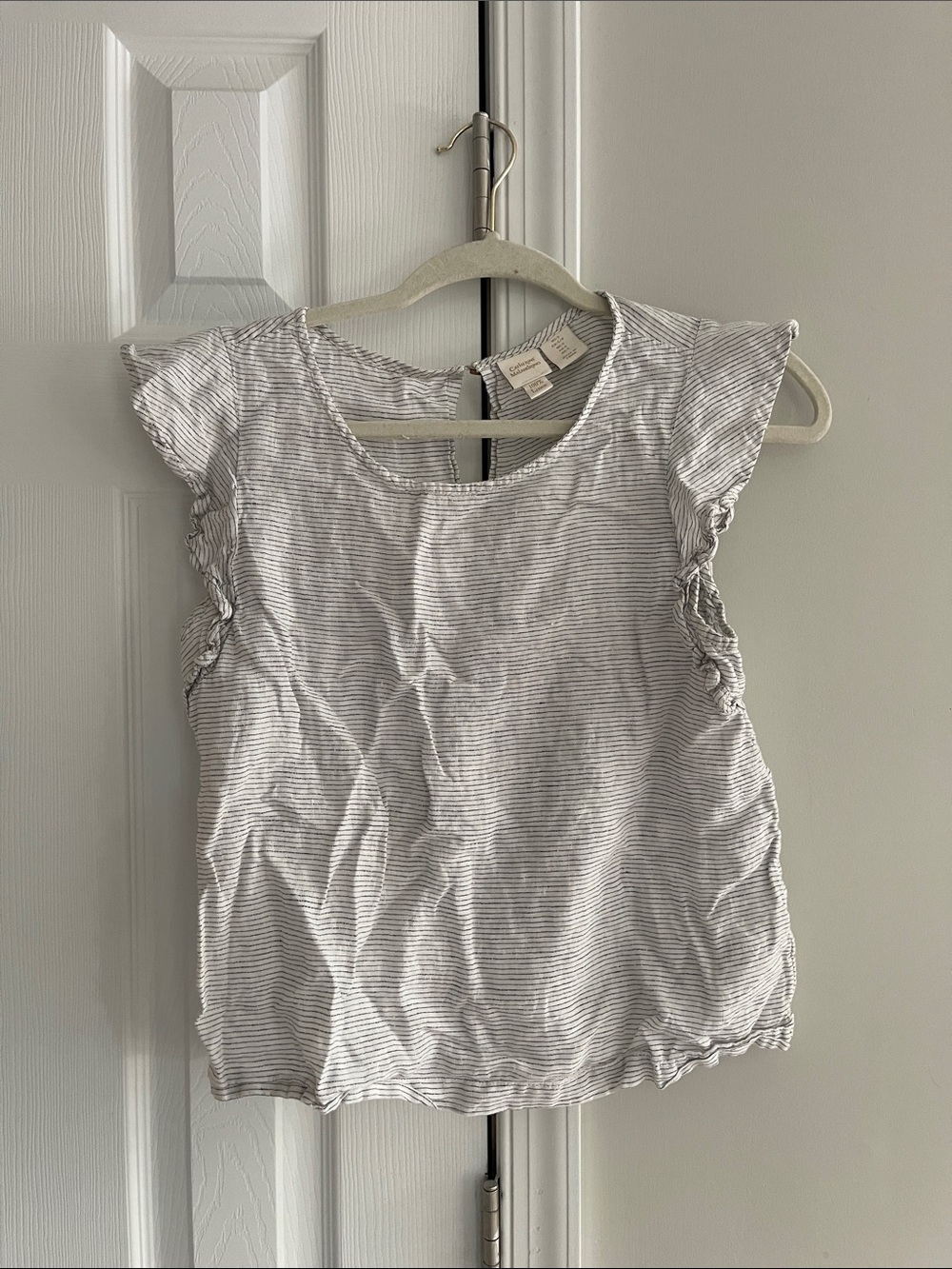 Catherine Malandrino White and Gray Striped Flutter Sleeve Blouse